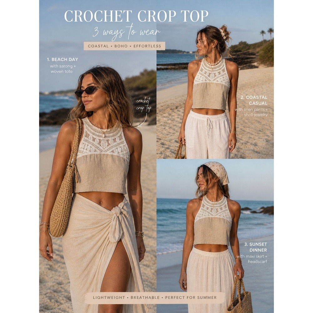 Chelsea & Violet Crochet Halter Crop Top Linen Blend Tie Back Beige Large